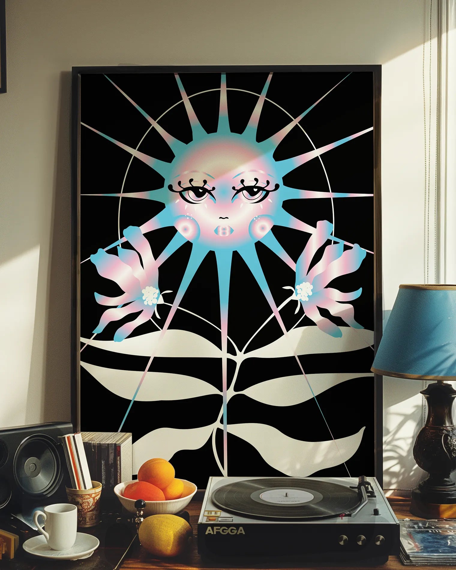 Poster with a retrostyled sun in trans colours blue, white and pink.