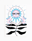 Poster with a retrostyled sun in trans colours blue, white and pink.