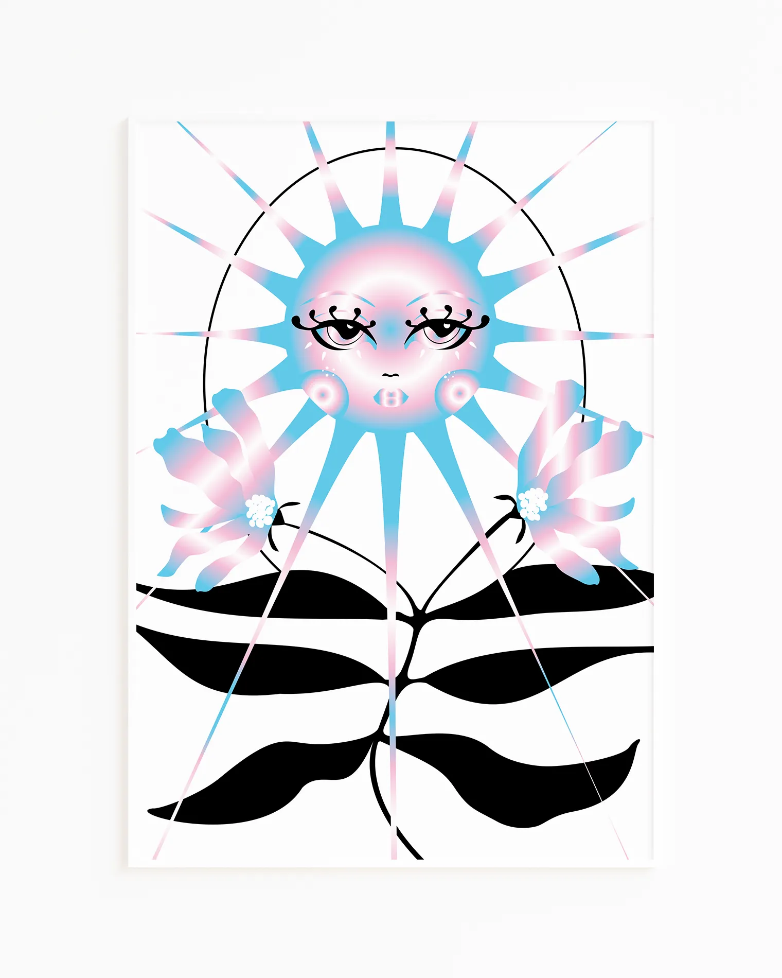 Poster with a retrostyled sun in trans colours blue, white and pink.