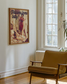 A poster with a lady coming home to her wife, who's in the bed with her legs up in the air with the text 'Welcome home baby!'. Sapphic, vintage style.