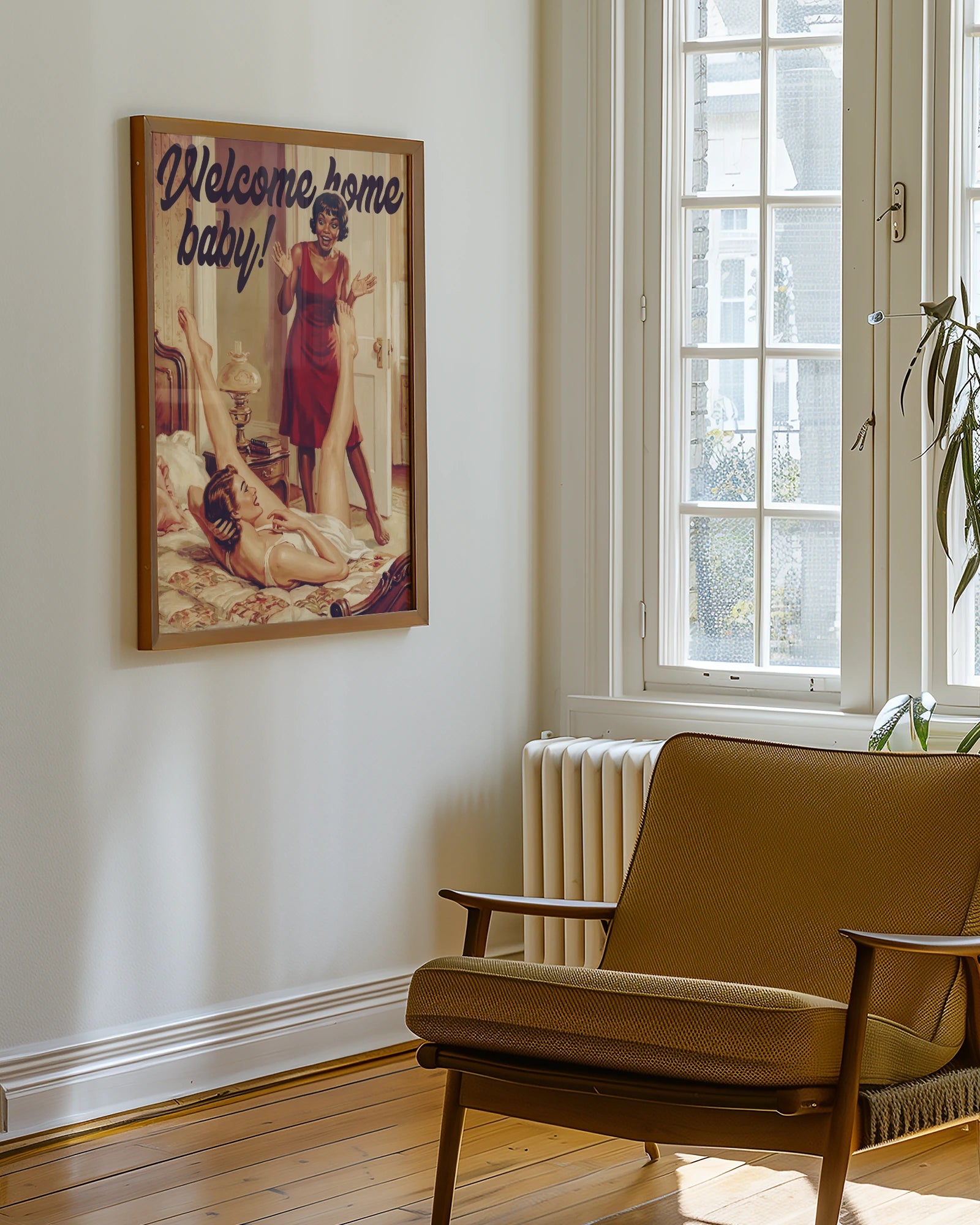 A poster with a lady coming home to her wife, who's in the bed with her legs up in the air with the text 'Welcome home baby!'. Sapphic, vintage style.