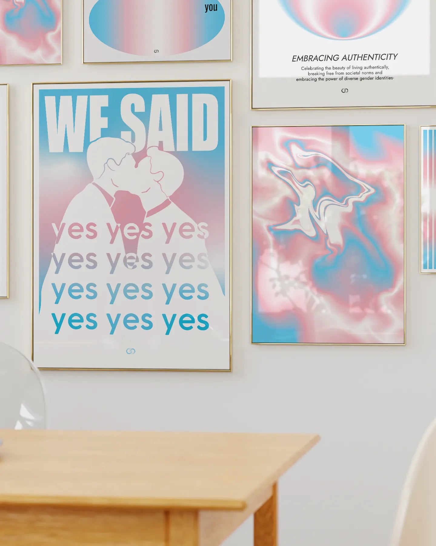 A poster with a silhouette of two men kissing with the text 'We said yes yes yes'.