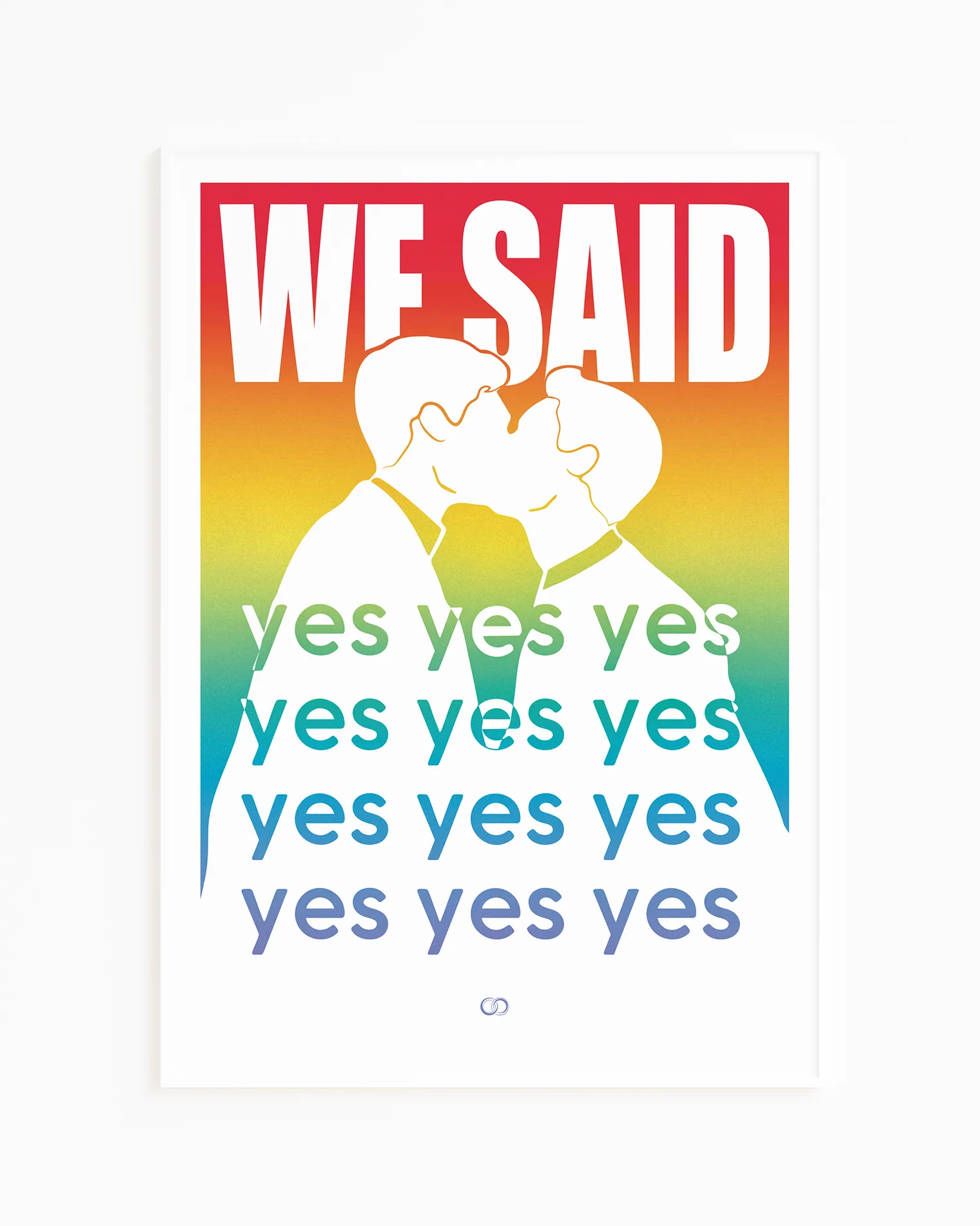 A poster with a silhouette of two men kissing with the text 'We said yes yes yes'.