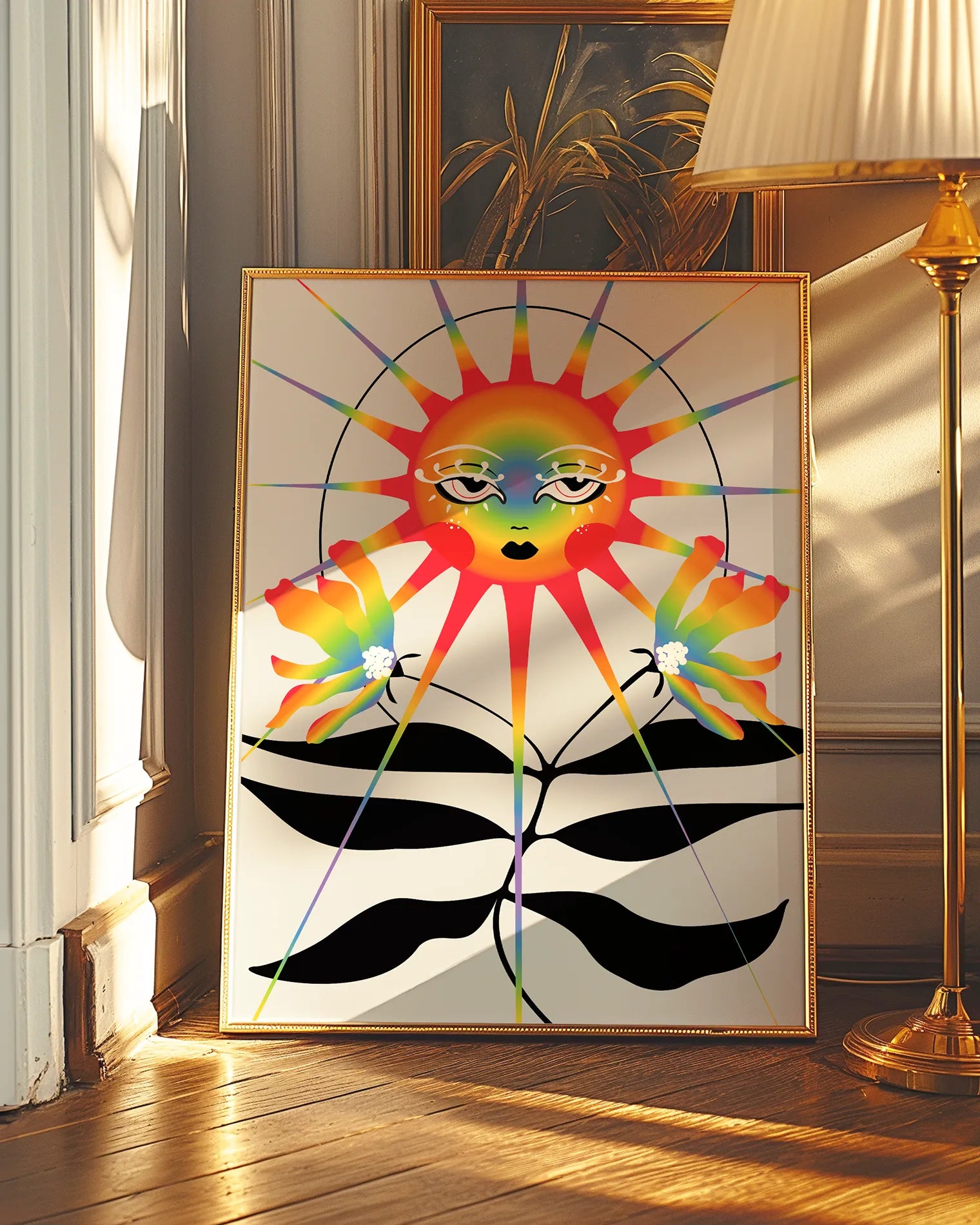 A print with a retrostyled sun in pride colours shining over pride colored flowers.